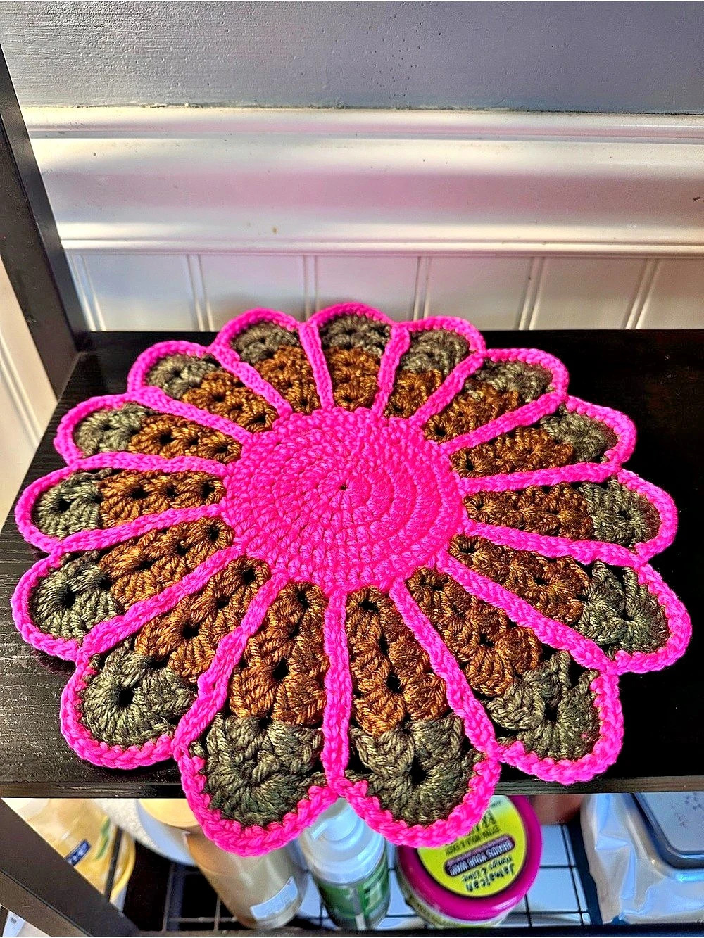 Crocheted Flower Decor in Pink & Brown Like New